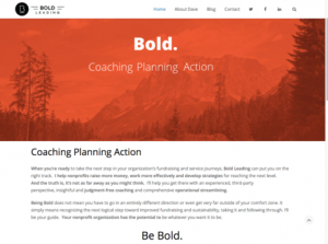 Screenshot of homepage for Bold Leading, an executive coaching business for non-profit leaders based in Grand Forks, ND. Fredricks Communications helped create the organization's tagline, "Be Bold," and wrote SEO content for its website.