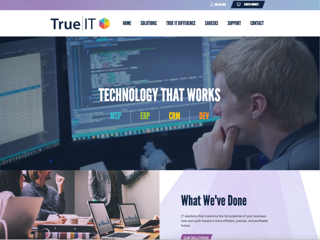 Screenshot of the homepage for Fredricks Communications client True|IT