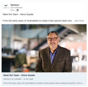 Screenshot of Steve Quade team story intro, LinkedIn